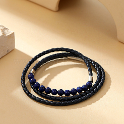 Runde Wickelarmbänder aus geflochtenem PU-Lederband mit natürlichem Lapislazuli für Frauen und Männer LC1757-1