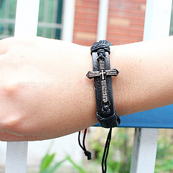 Verstellbare Kreuz mit Wort Eisen geflochtenen Lederband Armbänder BJEW-P0001-02B