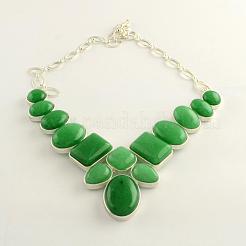 Natürliche Malaysia Jade Edelstein Lätzchen Statement-Halsketten mit Cabochon-Fassungen aus Aluminium und versilberten Messingketten NJEW-R224-02E-B