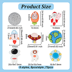 72 Stück 9 Stile 3D Astronauten Thema Harz Cabochons RESI-OC0001-67