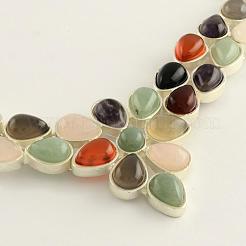 Edelstein Lätzchen Statement-Halsketten mit Cabochon-Fassungen aus Aluminium und versilberten Messingketten NJEW-R224-07B-B