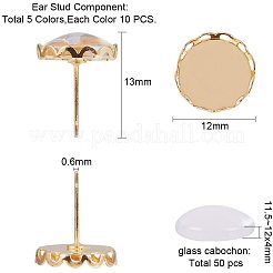 Pandahall Elite 50 Stück 5-farbige Messing Ohrstecker Zubehör mit 50 Stück transparenten Glas Cabochons für DIY Ohrring Schmuck KK-PH0035-36