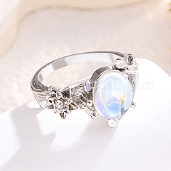Ovale und blumenförmige Fingerringe aus Zinklegierung mit natürlichem Mondstein für Damen FS-WG00FFC-01