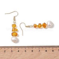 Серьги-подвески из натурального культивированного пресноводного жемчуга и натурального янтаря&nbsp;EJEW-JE06961