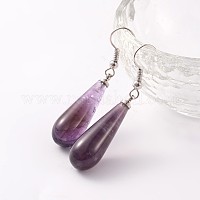 Серьги-подвески из латуни платинового тона в форме капли с натуральным аметистом&nbsp;EJEW-M058-05