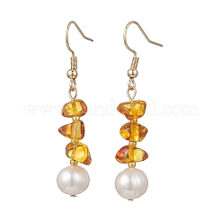 Серьги-подвески из натурального культивированного пресноводного жемчуга и натурального янтаря&nbsp;EJEW-JE06961