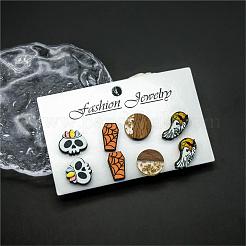 Halloween-Grabstein-Geisterschädel-Ohrstecker-Set aus Holz&nbsp;EJEW-OY002-01