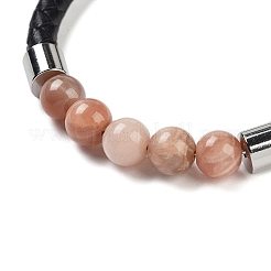 Pulseras de cordón de cuero trenzado con cuentas redondas de piedra solar natural para hombres y mujeres&nbsp;BJEW-A009-11P-04