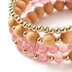 Ensemble de bracelets extensibles à perles rondes en quartz et bois de cerisier synthétique 4pcs 4 styles&nbsp;BJEW-JB07626