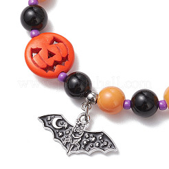 3 pezzo 3 stili tema Halloween vetro dipinto a forno e onice nero naturale (tinto e riscaldato) e turchese sintetico braccialetti elastici rotondi con perline&nbsp;BJEW-MZ00188