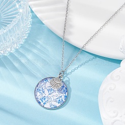Collana con pendente piatto rotondo in acciaio e vetro blu&nbsp;NJEW-JN04453