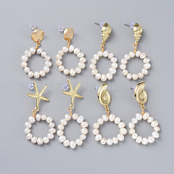 Dangle Stud Earrings, with Natural Pearl Beads, Brass Findings and Plastic Ear Nuts, Flat Round & Starfish/Sea Stars & Spiral Shell & Snail, Golden, 45~57mm, Pin: 0.7mm