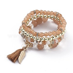 Ensembles de bracelets extensibles multicouches, bracelets empilables, avec des perles acryliques, accessoires en alliage plaqué or et pendentifs à pampilles en fil, bisque, diamètre intérieur: 1-7/8~2-1/8 pouce (4.9~5.4 cm), 4 pièces / kit