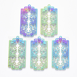 Ion Plating(IP) 201 Stainless Steel Filigree Pendants, Etched Metal Embellishments,  Rectangle with Sugar Skull, For Mexico Holiday Day of The Dead, Rainbow Color, 45x22x0.4mm, Hole: 1.8mm