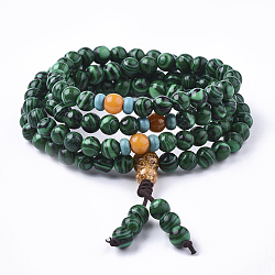 3-loop wrap estilo budista joyas, Malaquita sintética Mala Pulseras, Estirar pulseras, redondo, 26.38 pulgada (67 cm)