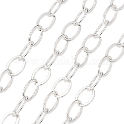 Латунные гальванические цепи, тянутые удлиненные кабельные цепи, пайки, с катушкой, Плоско-овальные, серебряные, 12.5x9x1 мм, около 32.8 фута (10 м) / рулон