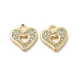Brass Micro Pave Cubic Zirconia Pendants, Heart, Real 18K Gold Plated, 10.5x10x1.5mm, Hole: 1.4mm