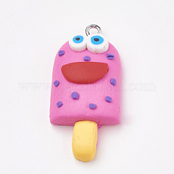 Handmade Fimo Anhänger, mit  eisernem Zubehör, kantille, Eis mit lächelndem Gesicht, Platin Farbe, tief rosa, 34~35x16~17x8~9 mm, Bohrung: 2 mm