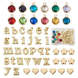 DIY Birthstone Jewelry Making Finding Kit, Including Flower & Heart Brass Beads, Flat Round Glass & Alloy Letter A~Z Pendants, Mixed Color, 5~11.5x6~11x3mm, Hole: 1.2~1.8mm, 50Pcs/box