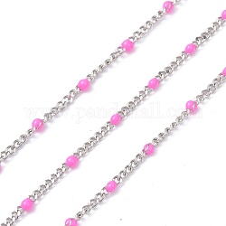 304 cadenas de bordillo de acero inoxidable esmaltado, con carrete, soldada, facetados, rosa perla, 2.5x2x0.8mm, 32.80 pie / rollo (10 m / rollo)