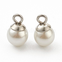 304 Edelstahl Anhänger / charms, mit weißen Perlen aus Kunststoffimitat, Edelstahl Farbe, 9x6 mm, Bohrung: 1.5 mm
