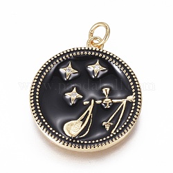 Brass Micro Pave Cubic Zirconia Pendants, with Enamel and Jump Ring, Flat Round with Constellations, Golden, Libra, 23x21x2.5mm, Hole: 3mm