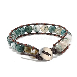 Natural Tree Agate Beaded Bracelet, Energy Round Beads Leather Wrap Bracelet for Girl Women, Colorful, 8-7/8 inch(22.5cm)