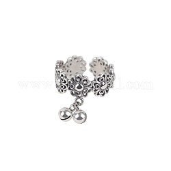 Verstellbare 925 Sterling Silber Manschettenringe, offener Ring, Blume & kleine Glocke, Antik Silber Farbe