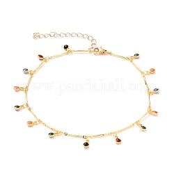 Brass Enamel Flat Round Charm Anklets, with Brass Bar Link Chains and 304 Stainless Steel Lobster Claw Clasps, Colorful, Golden, 10 inch(25.5cm)
