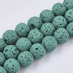 Brins de perles de pierre de lave naturelle peintes à la bombe, ronde, dark cyan, 8~9mm, Trou: 0.7mm, Environ 47~48 pcs/chapelet, 15.75 pouce (40 cm)