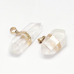 Pendentifs pointus en cristal de quartz naturel, balle, avec les accessoires en laiton, or, 18~34x8~14x10~11mm, Trou: 5x8mm