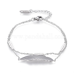 304 Stainless Steel Multi-strand Bracelets, with Cable Chains and Lobster Claw Clasps, Feather, Stainless Steel Color, 6-7/8 inch(17.5cm)