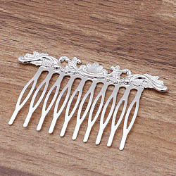Iron Hair Combs Findings, with Brass Flower, Silver, 75x48x3mm