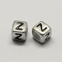 Perline europee in argento antico con foro grande placcato in argento, foro orizzontale, cubo con letter.z, 6x6x6mm, Foro: 4 mm, circa 2950pcs/500g