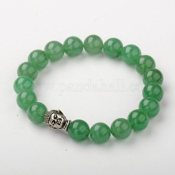 Bracelets extensibles en aventurine vert naturel, bracelets bouddhistes, avec des perles de style tibétain de la tête alliage de Bouddha, argent antique, 2-1/8 pouce (53 mm)