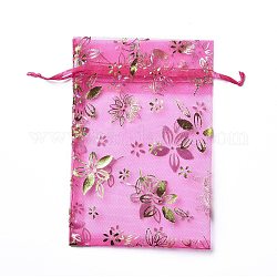 Bolsas de organza con cordón para joyas, bolsas de regalo de fiesta de boda, rectángulo con estampado de flores en oro, fucsia, 15x10x0.11 cm