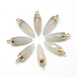 Natural Grey Agate Pointed Pendants, with Brass Findings, Faceted, Bullet, Golden, 25~27x8mm, Hole: 2mm