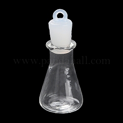 クリアガラスのウィッシングボトルペンダント  プラスチックシールプラグ付き  コーン  37x15.5mm  穴：2mm