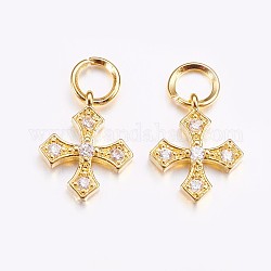 Brass Micro Pave Cubic Zirconia Tiny Cross Charms, Golden, 11x9.5x2mm, Hole: 3mm