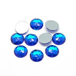 Acryl Strass Cabochons flach zurück, facettiert, Boden versilbert, halbrund / Dome, Blau, 14x4 mm
