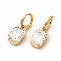 Ion Plating(IP) 304 Stainless Steel Hoop Earring, Rectangle Glass Dangle Earring for Women, Golden, Clear, 31mm, Pin: 0.9mm