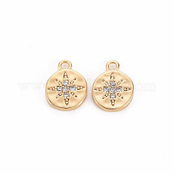 Brass Micro Pave Clear Cubic Zirconia Charms, Nickel Free, Flat Round with Star, Real 18K Gold Plated, 10x7.5x1.5mm, Hole: 1.2mm