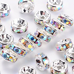 Brass Rhinestone Spacer Beads, Grade AAA, Straight Flange, Nickel Free, Silver Color Plated, Rondelle, Crystal AB, 6x3mm, Hole: 1mm
