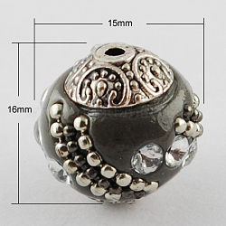 Handmade Indonesia Beads, with Alloy Cores, Round, Antique Silver, Slate Gray, 16x15x15mm, Hole: 1mm