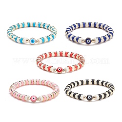5Pcs 5 Colors Synthetic Hematite & Polymer Clay Heishi Beads Stretch Bracelets Set, Evil Eye Beads Bracelets, Power Lucky Bracelets for Women, Mixed Color, Inner Diameter: 2-1/4 inch(5.6cm), 1pc/color