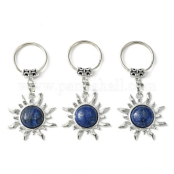 Porte-clés pendentif soleil en lapis-lazuli naturel et laiton, avec les accessoires en laiton de tonalité de platine, pour sac bijoux cadeau décoration, 7.5 cm
