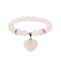 Natürliches Rosenquarz-Stretcharmband mit runden Perlen und Herzanhänger, Edelstein-Yoga für Frauen, Innendurchmesser: 2 Zoll (4.95 cm)