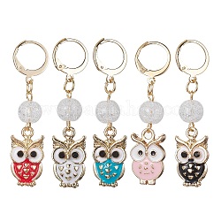 Owl Alloy Enamel Pendant Decorations, with Synthetic Crackle Quartz Beads and 304 Stainless Steel Leverback Earring Findings, Mixed Color, 47mm