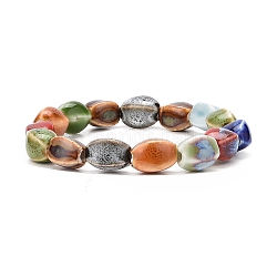Bracelet extensible en perles de porcelaine colorées faites à la main de style ethnique pour femme, motif ovale, diamètre intérieur: 2-1/4 pouce (5.7 cm)