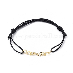 Adjustable Brass Heart Link Bracelets, with Chinese Waxed Cotton Cord, Golden, Black, Inner Diameter: 1-3/4~3-1/4 inch(4.5~8.3cm)